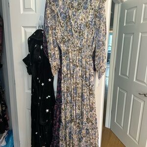 Misa Los Angeles Long Sleeve Maxi Dress with Blue and Cream Accents